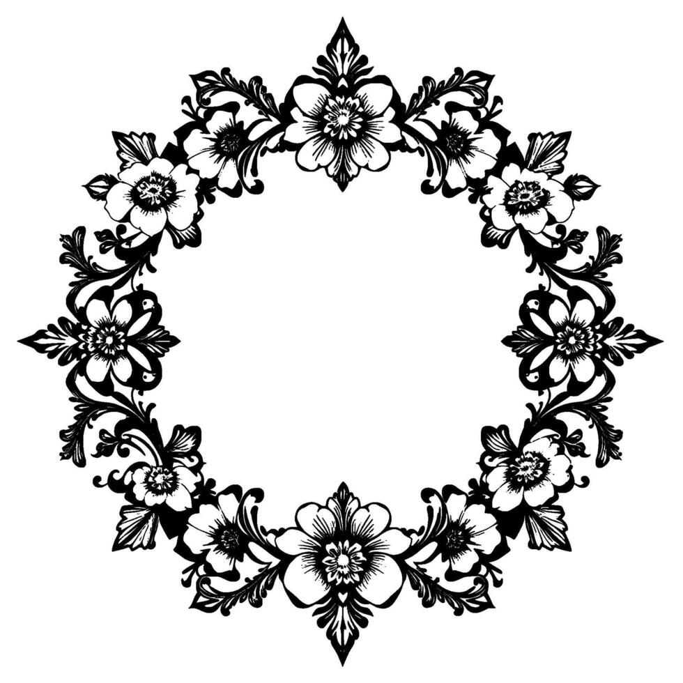intricate black and white floral wreath with detailed petals, leaves, and elegant ornamental on a white background. vector