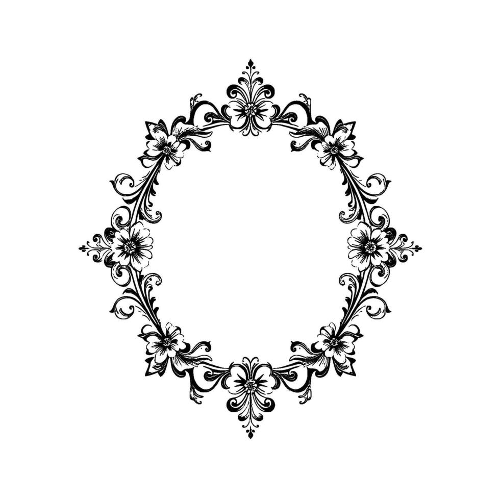 intricate black and white floral wreath with detailed blossoms, elegant swirls, and decorative leaf elements, on a clear white background. vector