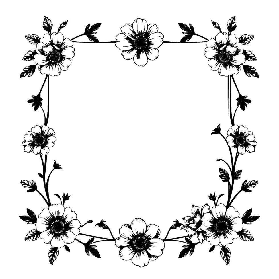 elegant black and white floral frame detailed line art of blooming flowers, leaves, and vines in a square border, perfect for invitations. vector