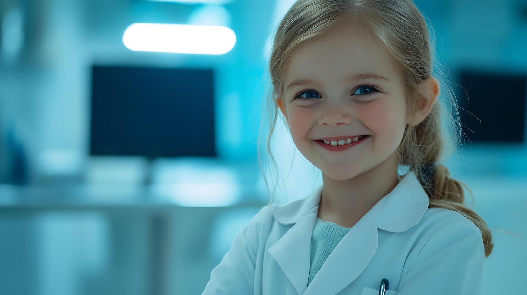 A young girl in a white lab coat smiles in a laboratory setting embodying curiosity and the future of science and research photo