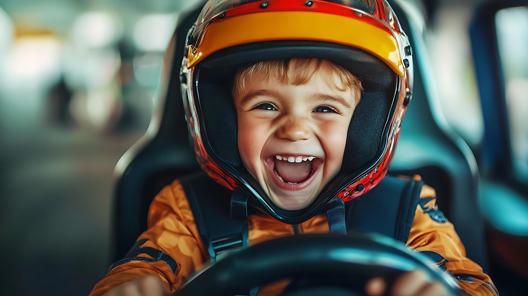 Joyful child driving a go-kart with a helmet radiating pure happiness and excitement for the thrilling experience photo