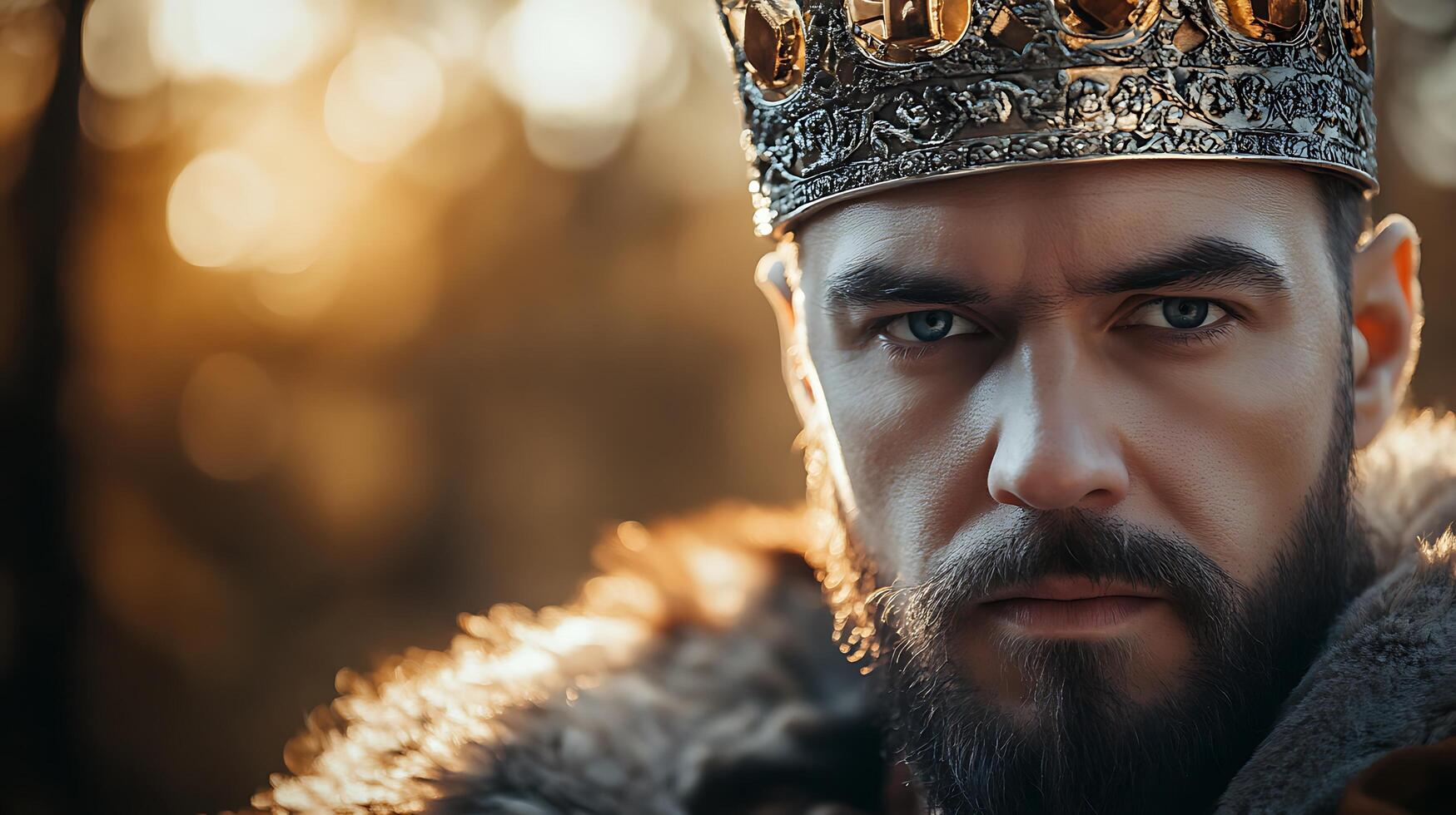 Portrait of a regal man with a crown and beard conveying power and authority in a historical setting Focused blue eyes and fur clothing photo