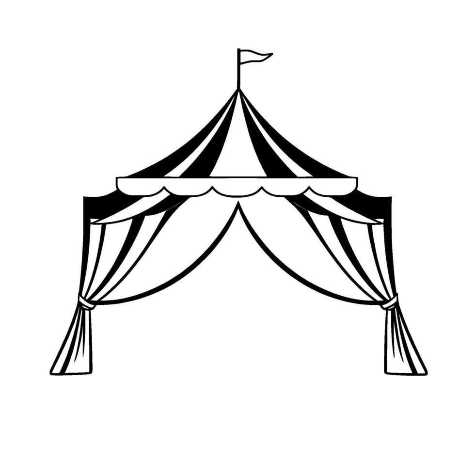 detailed black and white illustration of a classic circus tent with a flag on top, featuring curtains, drapes, and decorative elements vector