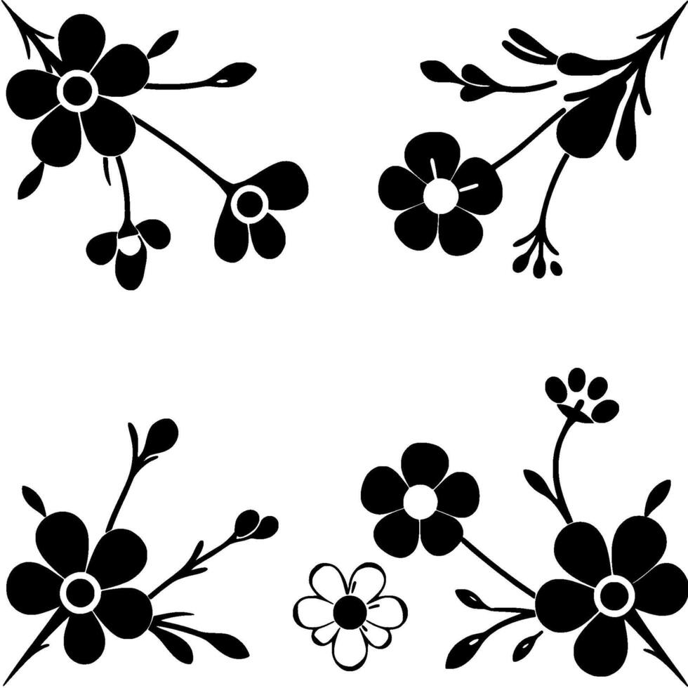 elegant floral corner pattern geometric black blossoms and delicate leaf sprigs arranged in quadrants on a white background vector