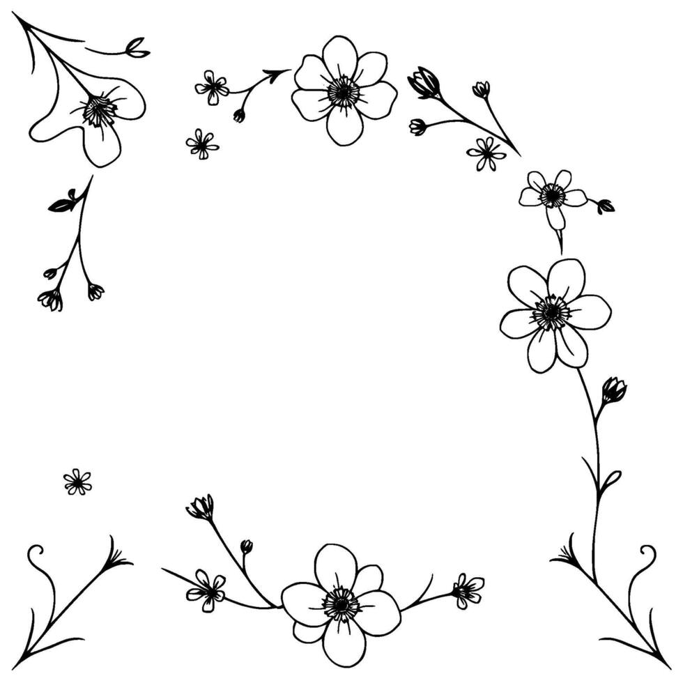 delicate botanical illustration with a semicircular arrangement of minimalist, handdrawn flowers and sprigs on a white background. vector
