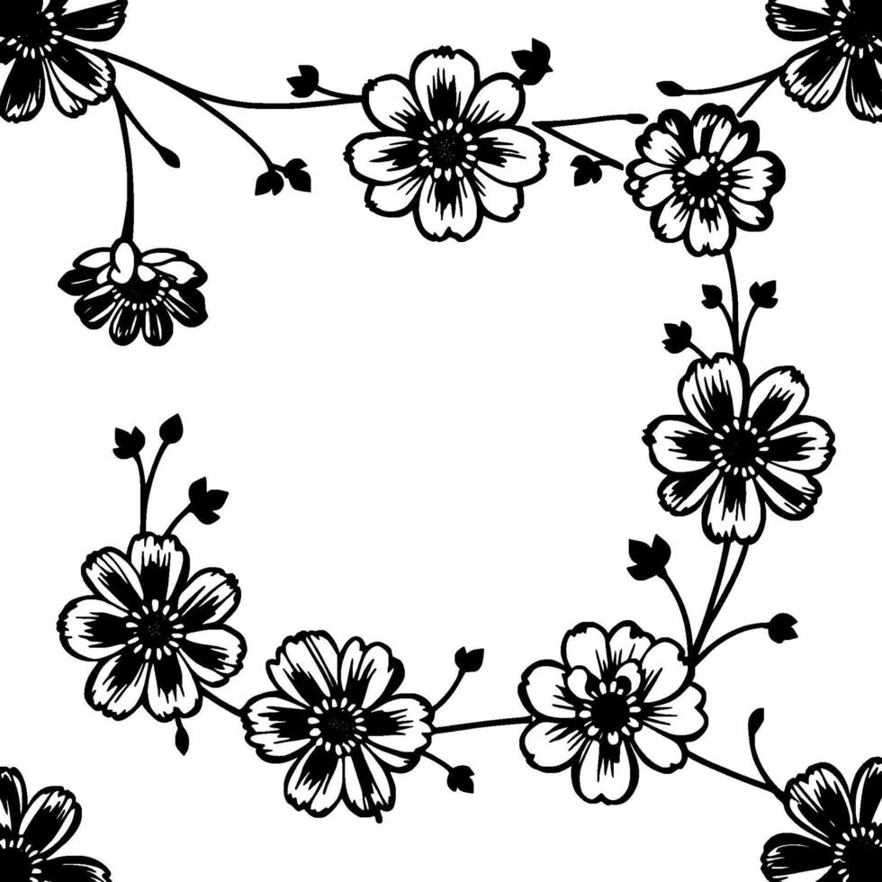 elegant black and white floral border delicate blooms on curving stems, creating a decorative frame. vector