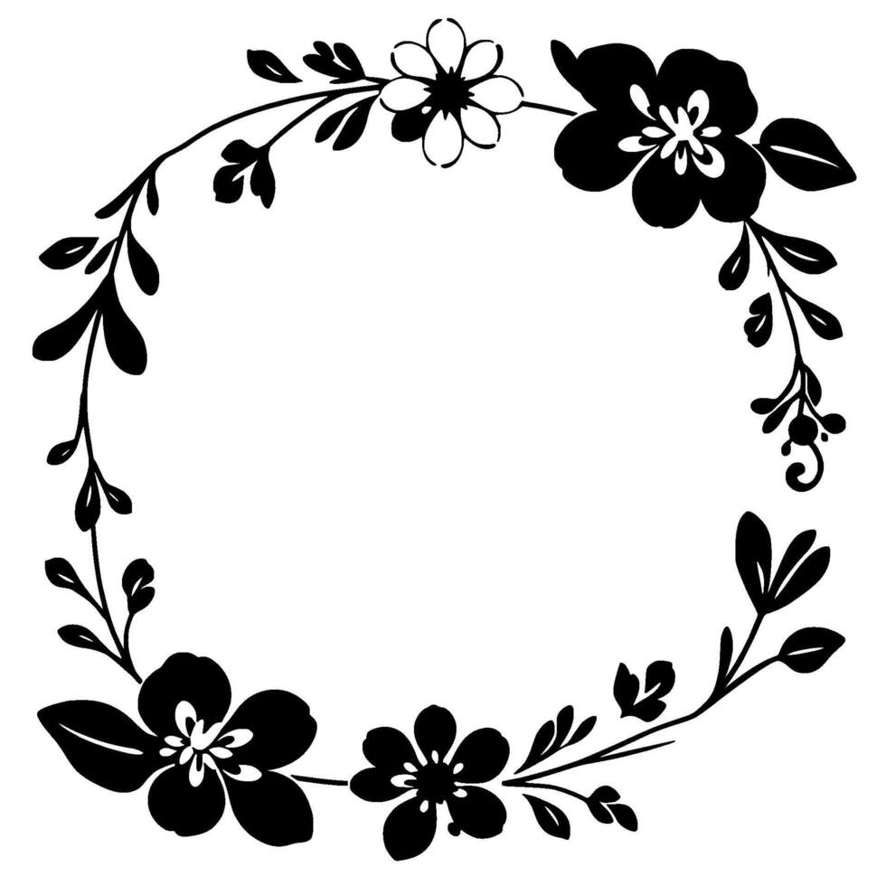 elegant black and white floral wreath, circular with blossoms, leaves, and branches, creating a delicate, ornamental border. vector