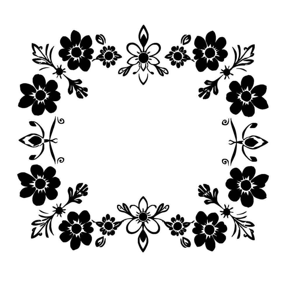 symmetrical floral border, black and white, with various stylized flower and leaf elements arranged around a central empty space. vector