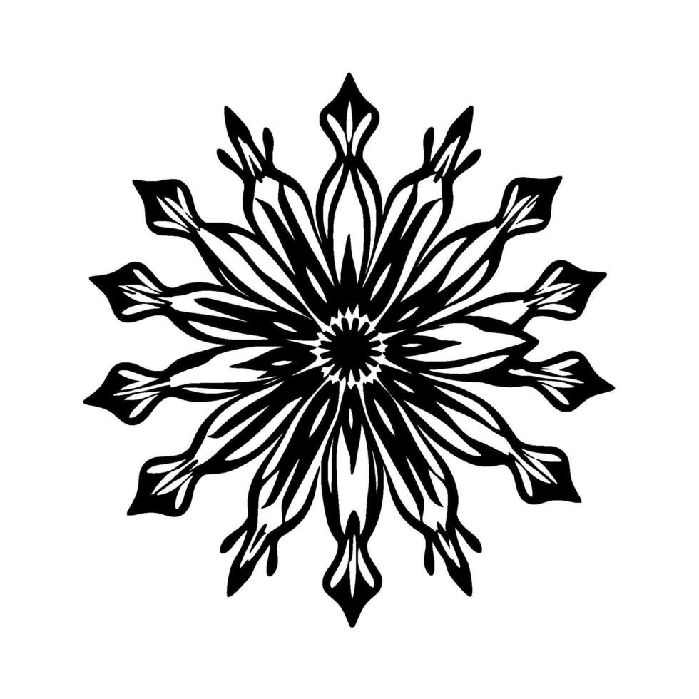 intricate black and white circular floral mandala, detailed symmetry, element on white background. vector