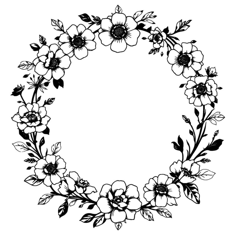elegant black and white floral wreath, featuring detailed line art of blooming flowers and leaves, creating a circular decorative element. vector
