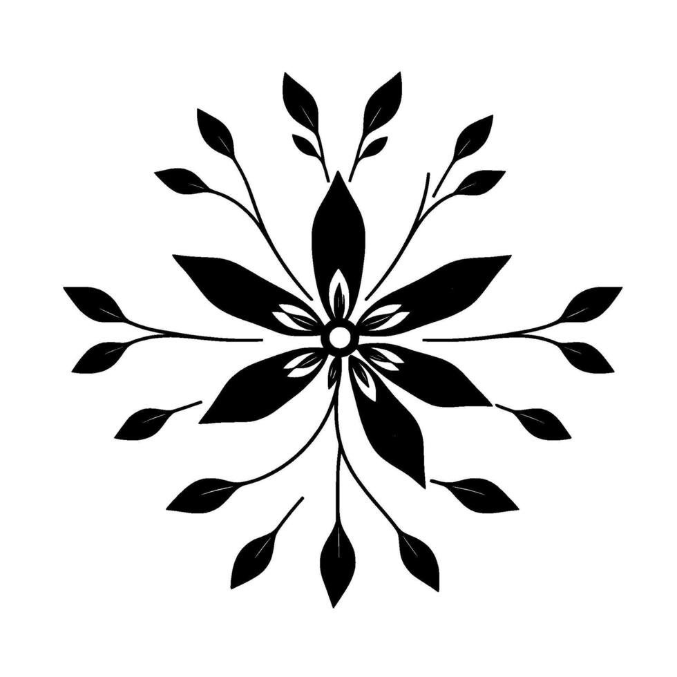 symmetrical black floral with leaves radiating from a central core, on white background. vector