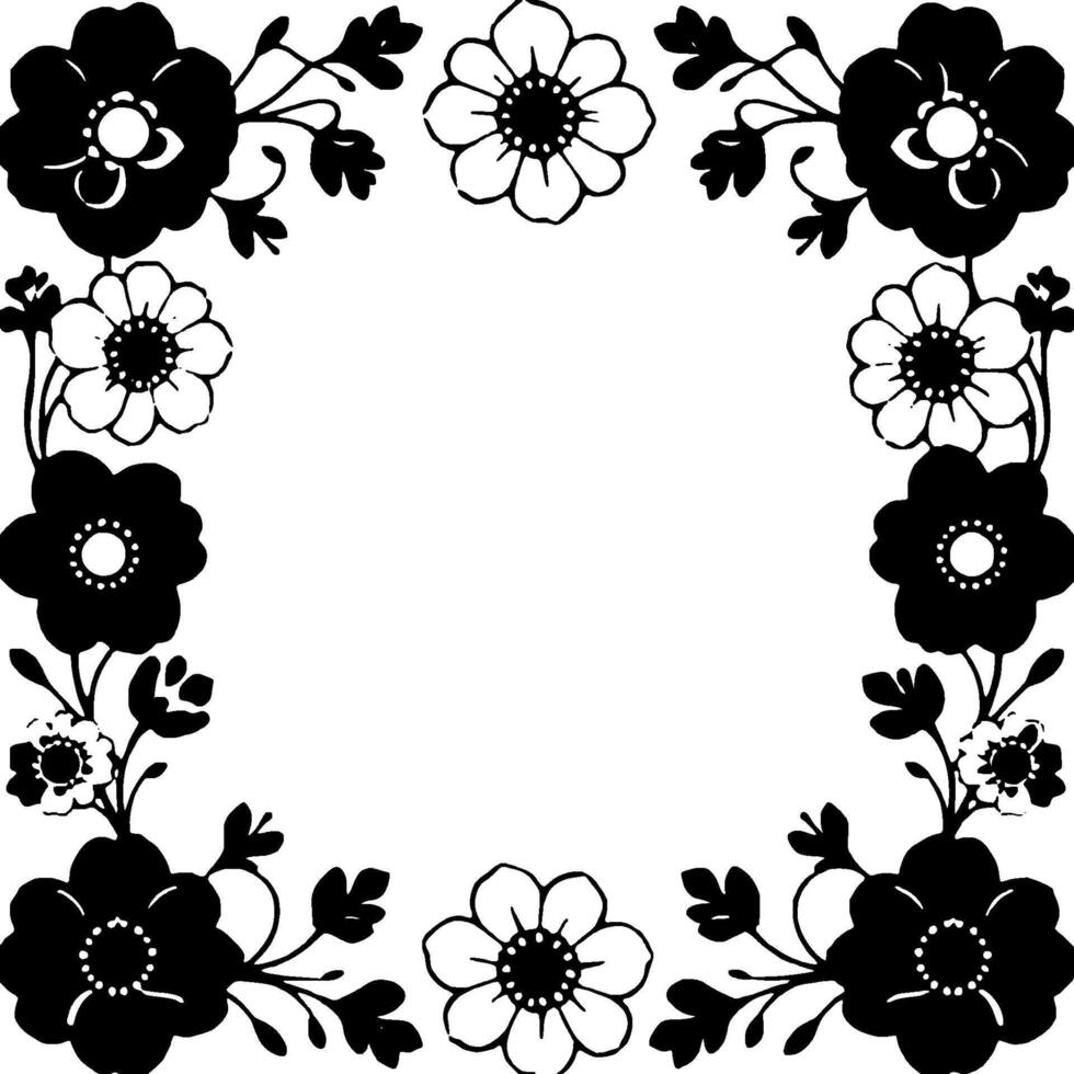 elegant black and white floral border with alternating flower arrangements and leafy sprigs framing a blank white center. vector