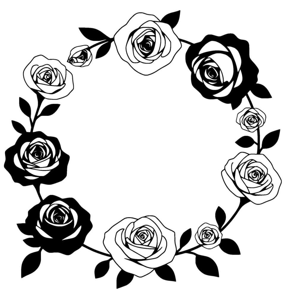 black and white floral wreath , featuring alternating roses, leaves, and buds arranged in a circular pattern, creating a minimalist and elegant aesthetic. vector