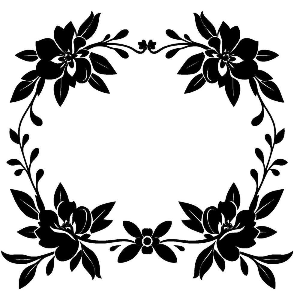 elegant floral frame symmetrical, black silhouette with detailed flowers, leaves, and branches, blank center for versatility. vector