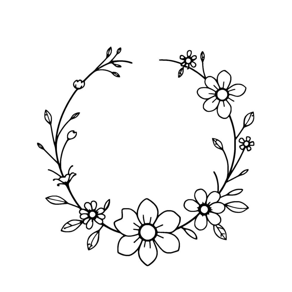 delicate handdrawn black and white floral wreath, showcasing stylized blossoms, buds, and foliage, arranged in an elegant circular composition on a stark white background. vector
