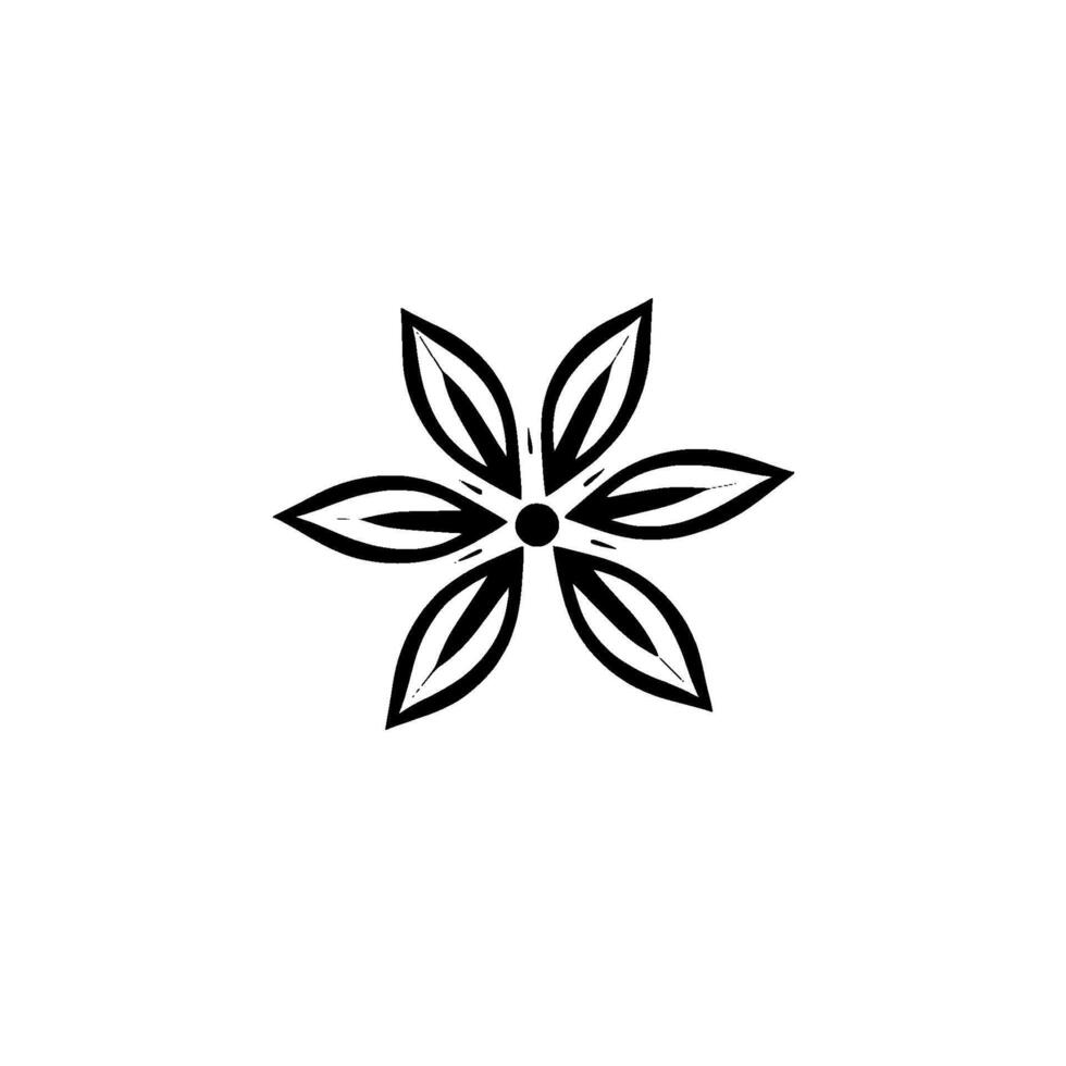 minimalist black and white floral a symmetrical, modern composition of six petals radiating from a central point, on a clean white background. vector
