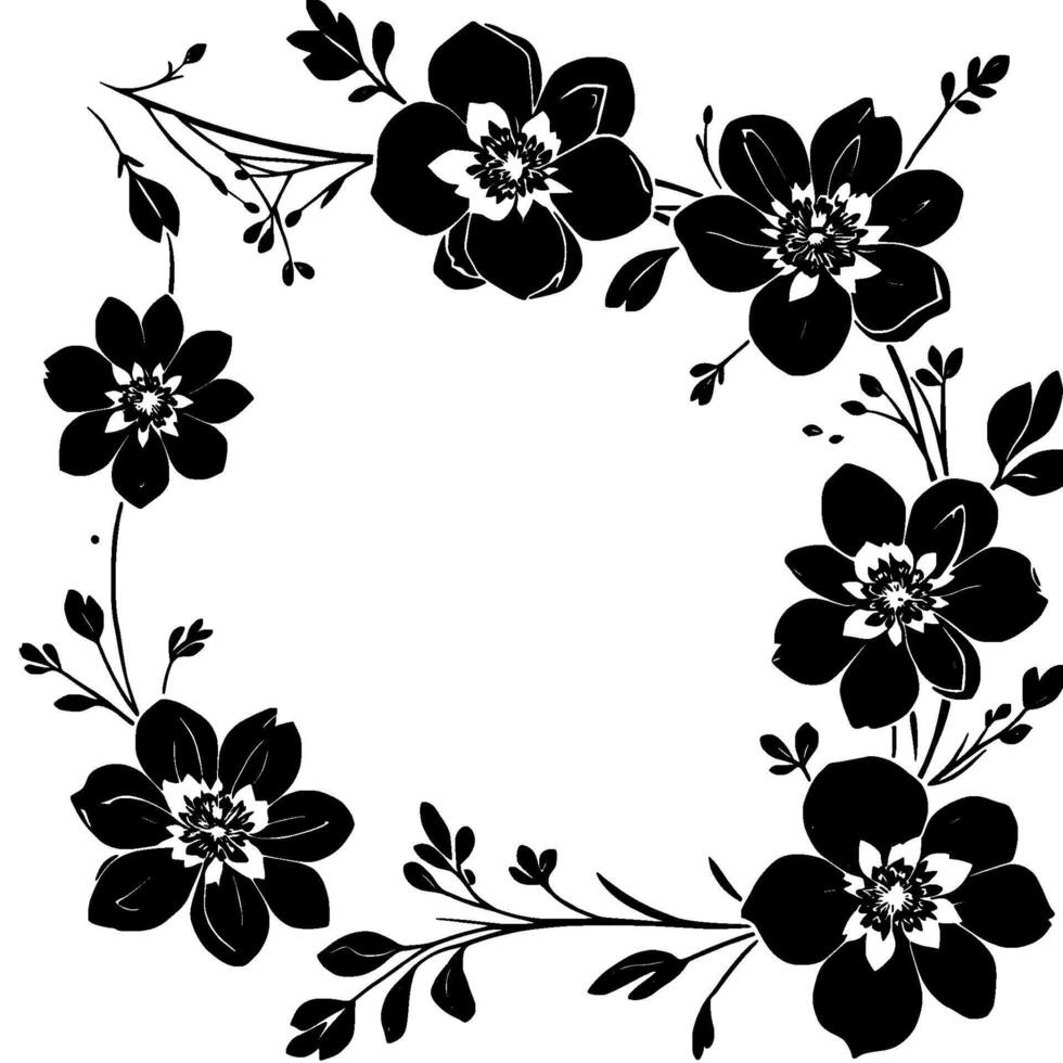 elegant black and white floral arrangement border on a white background, showcasing intricate details and symmetry. vector
