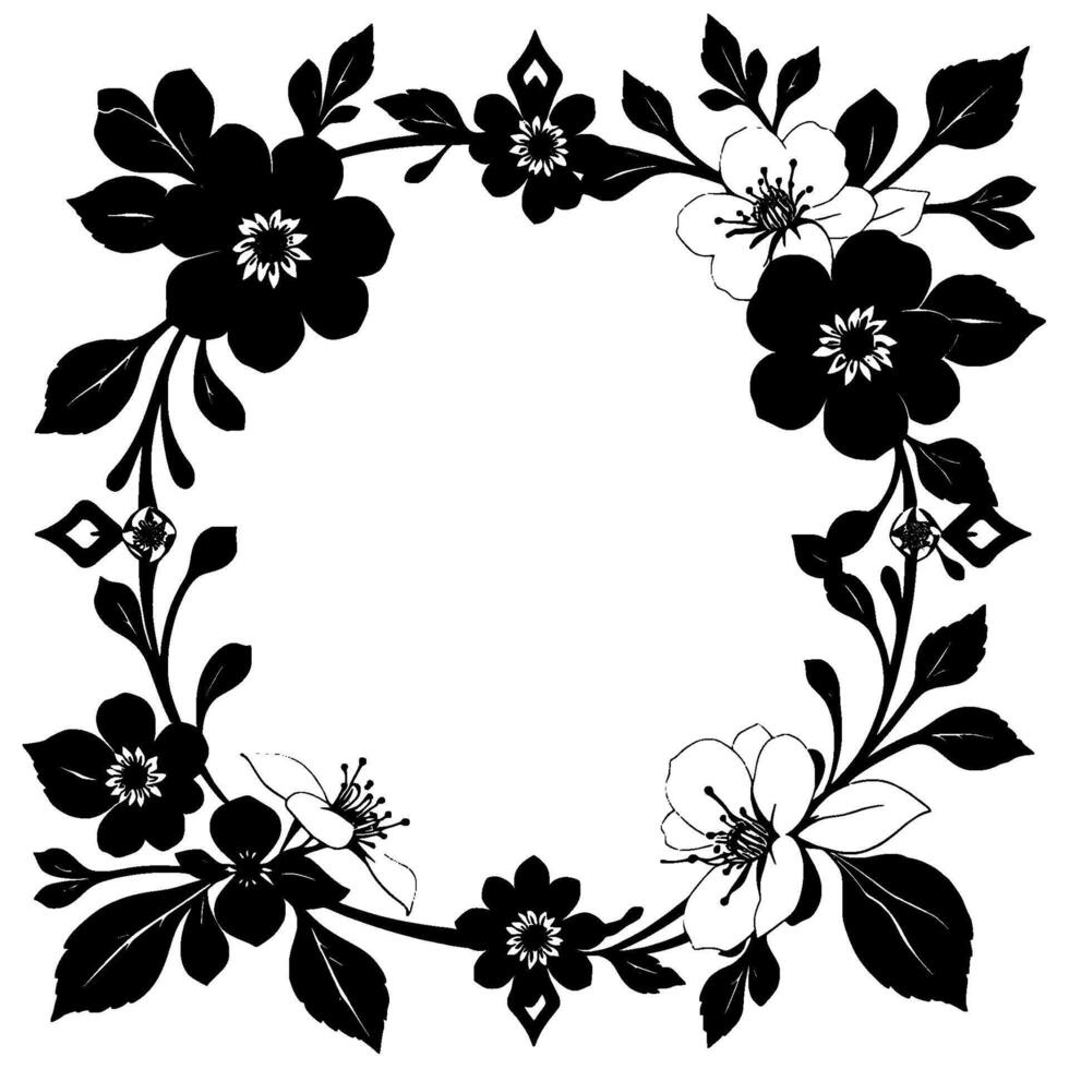 elegant black and white floral wreath with stylized flowers, leaves and stems, framing a central white space. vector