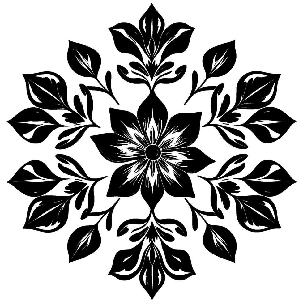 symmetrical floral in black and white, featuring detailed petals, leaves, and a circular arrangement, a modern style. vector
