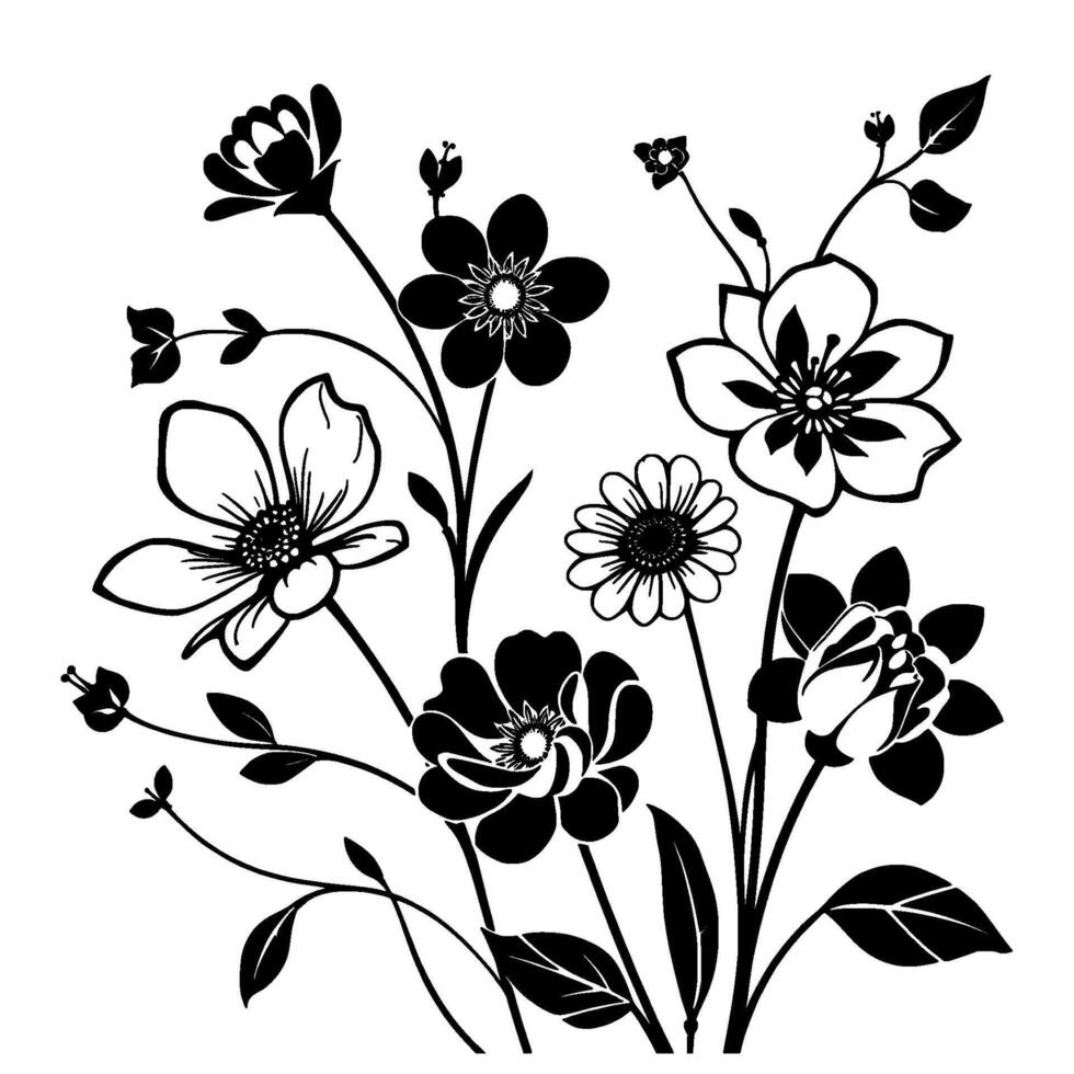 elegant black and white floral composition a stylized botanical illustration featuring various flower types with intricate details, leaves, and stems against a stark white background. vector
