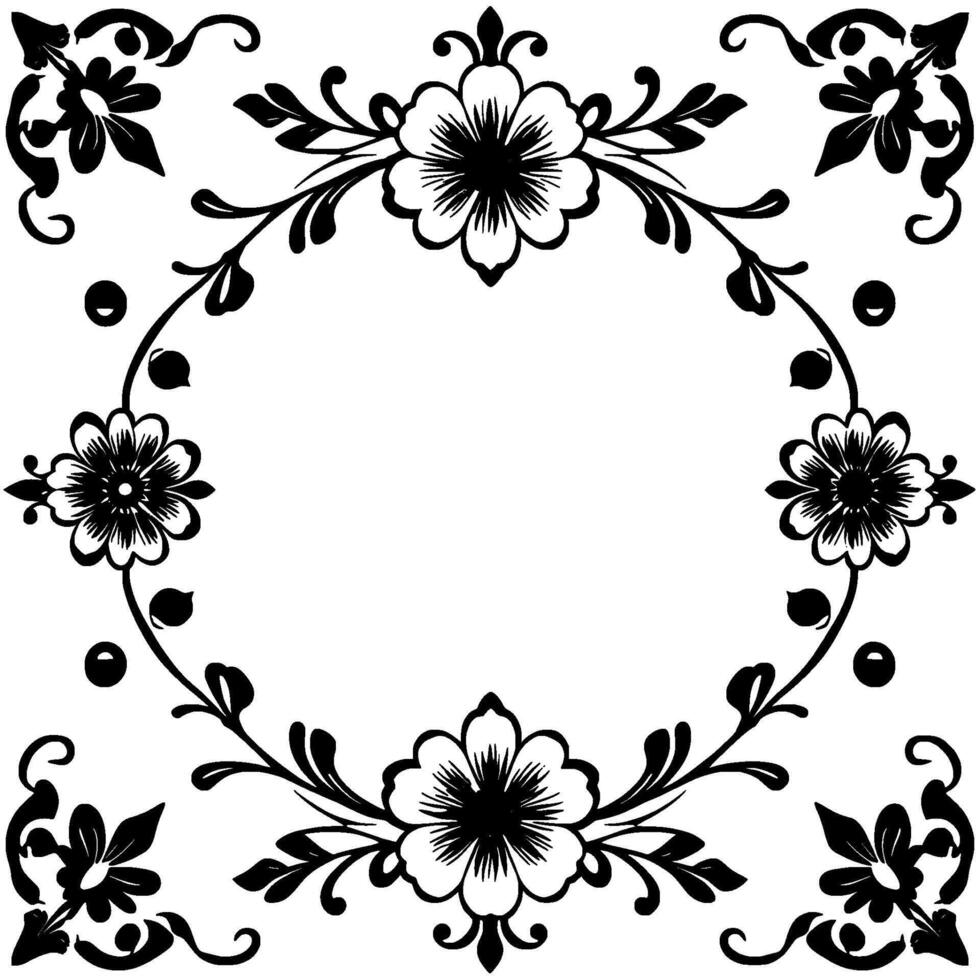 black and white floral ornamental frame detailed flourishes, elegant symmetry, illustration on white background. vector