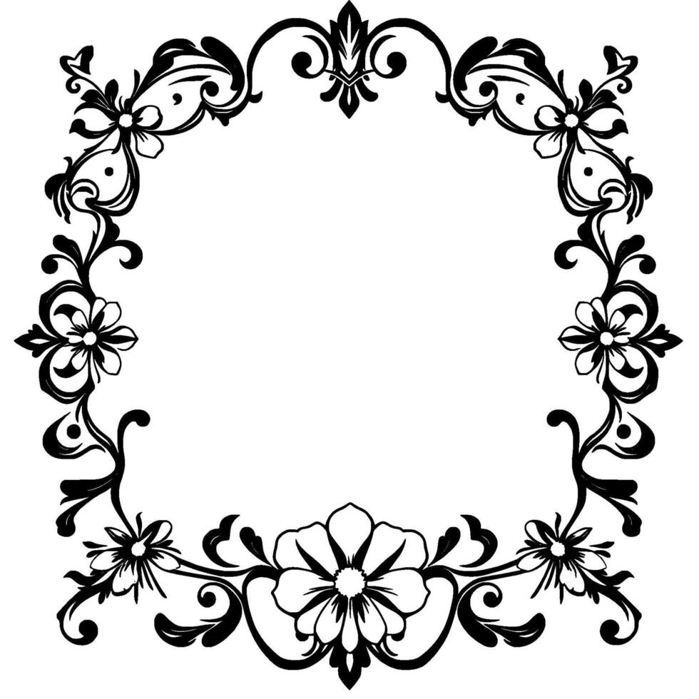 ornate floral frame in black and white, decorative with elegant swirls, blossoms and leaves, isolated element. vector