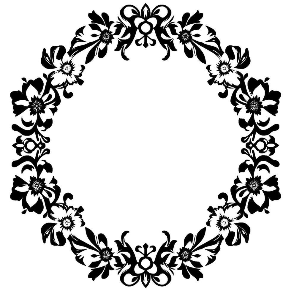 a symmetrical black and white floral wreath , with a central open circular space, adorned by ornate stylized blossoms and foliage. vector
