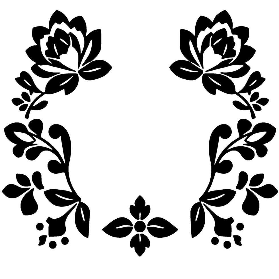elegant black floral symmetrical botanical illustration with stylized roses, leaves, and decorative elements forming an abstract border on a white background. vector