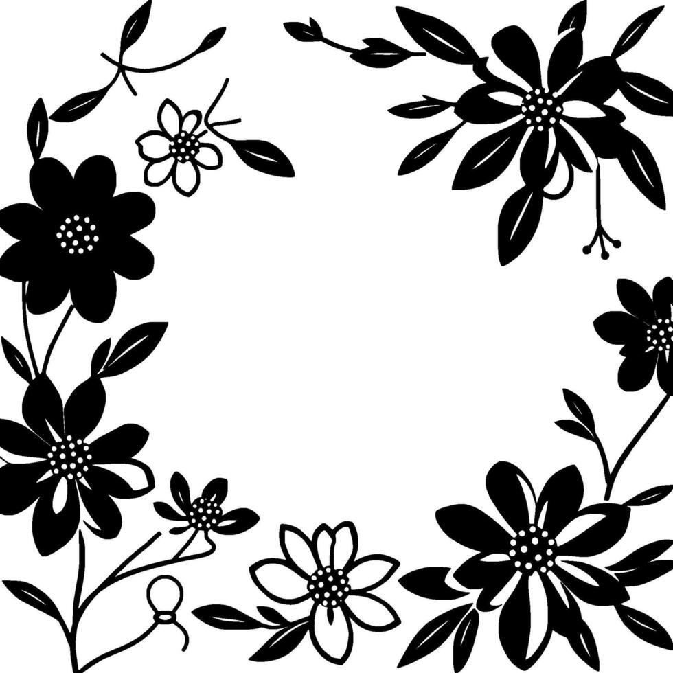 elegant monochrome floral border with black flowers, leaves, and delicate stems arranged in a circular pattern on white. vector