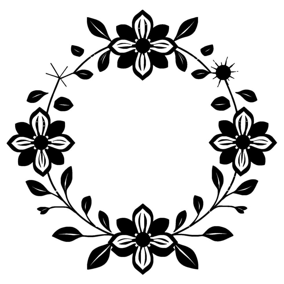 elegant black and white floral wreath symmetric of stylized flowers, leaves, and delicate sprigs forming a circular decorative border. vector