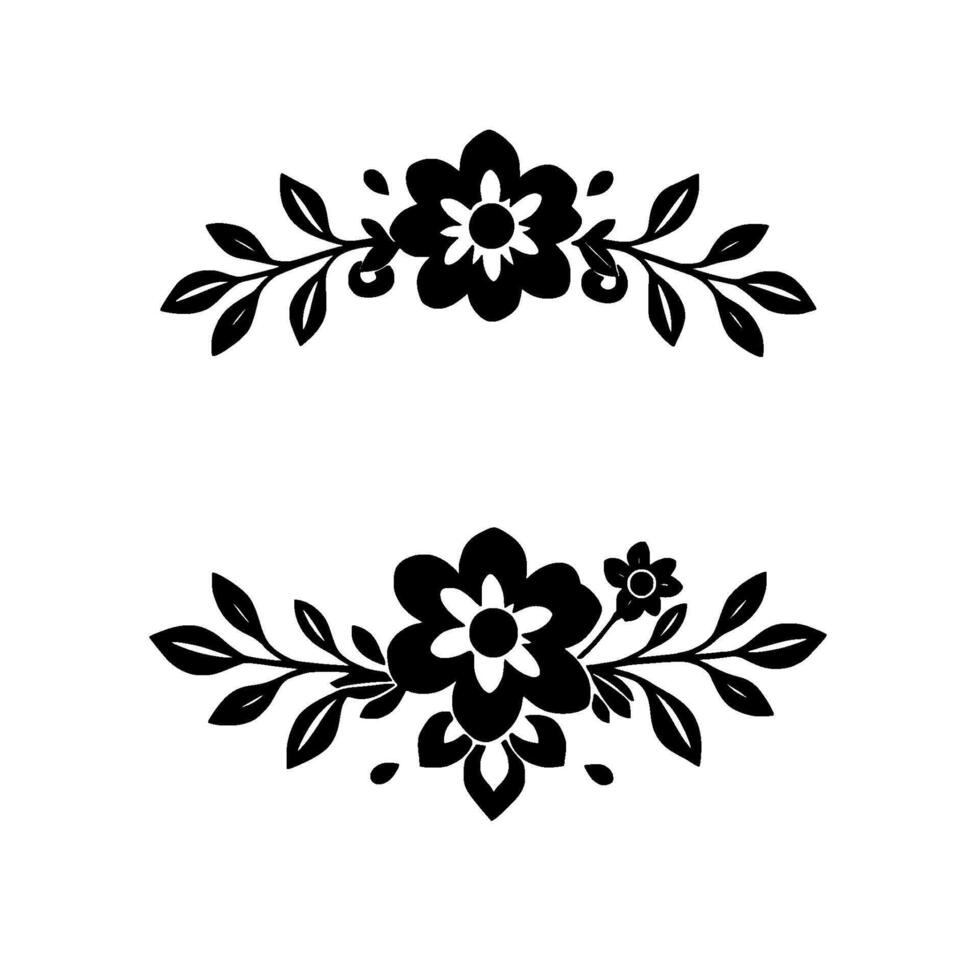 symmetrical black floral arrangements with leaves, flourishes, and small flowers, isolated on a white background. vector