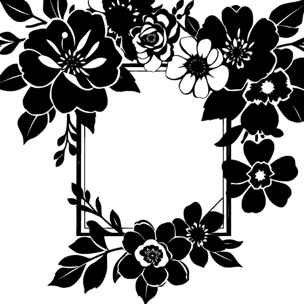 elegant black and white floral frame with a square center and detailed flower arrangements vector