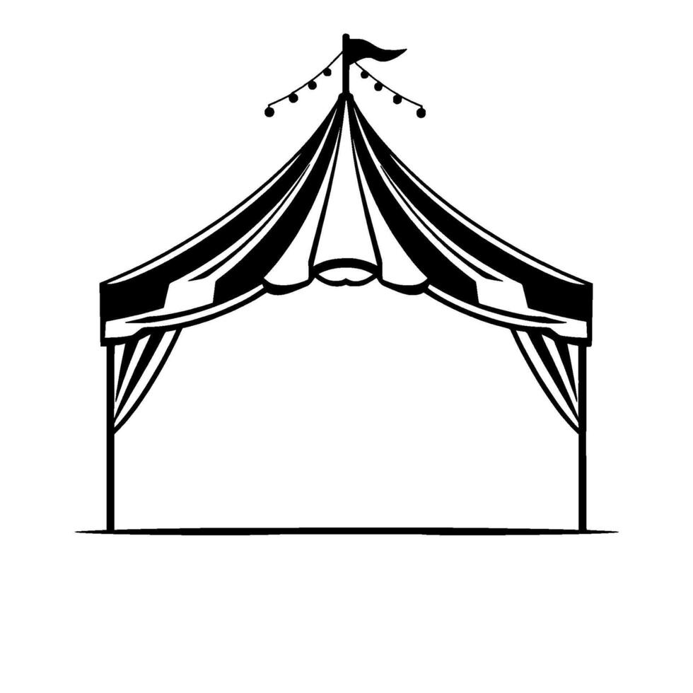 minimalist black and white circus tent illustration a classic striped big top, with a flag, lightbulbs, and a welcoming open entrance, isolated on a clean white background. vector