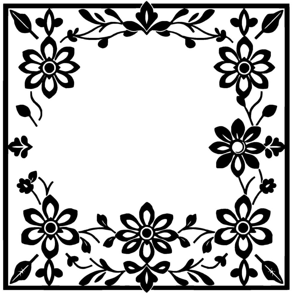 elegant black and white floral border , featuring stylized flowers, leaves, and vines, forming a square frame on a white background. vector