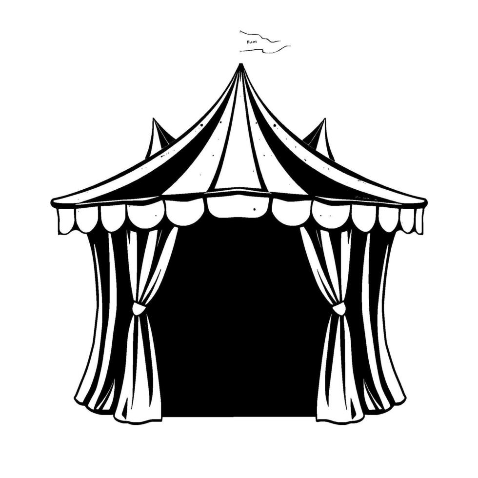 illustration of a whimsical circus tent, rendered in a stark black and white style, featuring a banner, bunting, and open curtains. vector