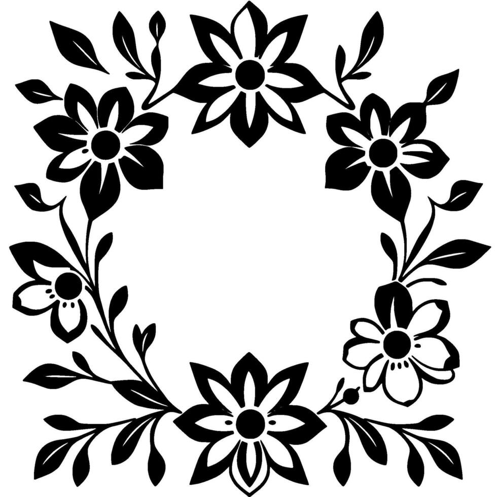 circular black floral with flowers, leaves, and vines forming a decorative frame on a white background. vector