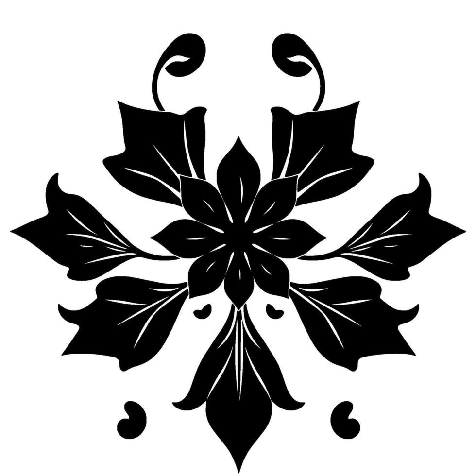 symmetrical black floral with petals and leaflike shapes on a white background, resembling a mandala. vector