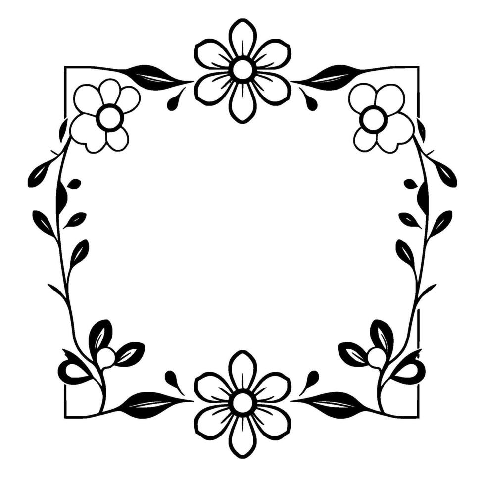 elegant black white floral square border frame with flowers, leaves, and a minimalist style for a decorative . vector