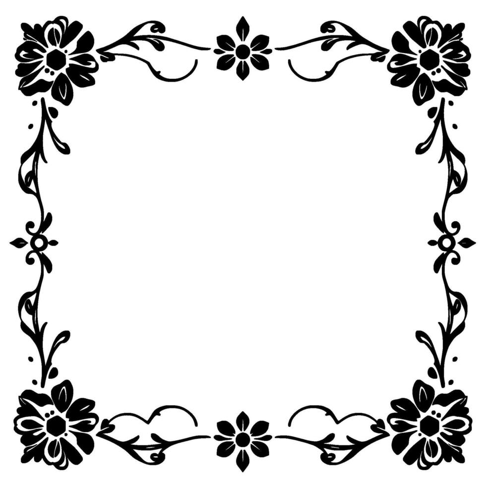 ornate black floral frame on white, decorative border with flowers, vines, and curls, perfect for invitations and . vector