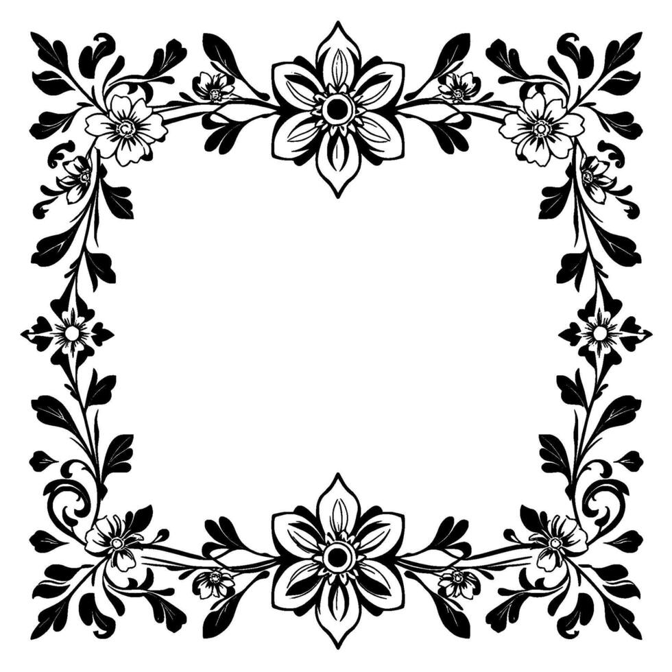 elegant floral frame detailed black and white ornamental border with blooming flowers, leaves, and swirls for creative . vector
