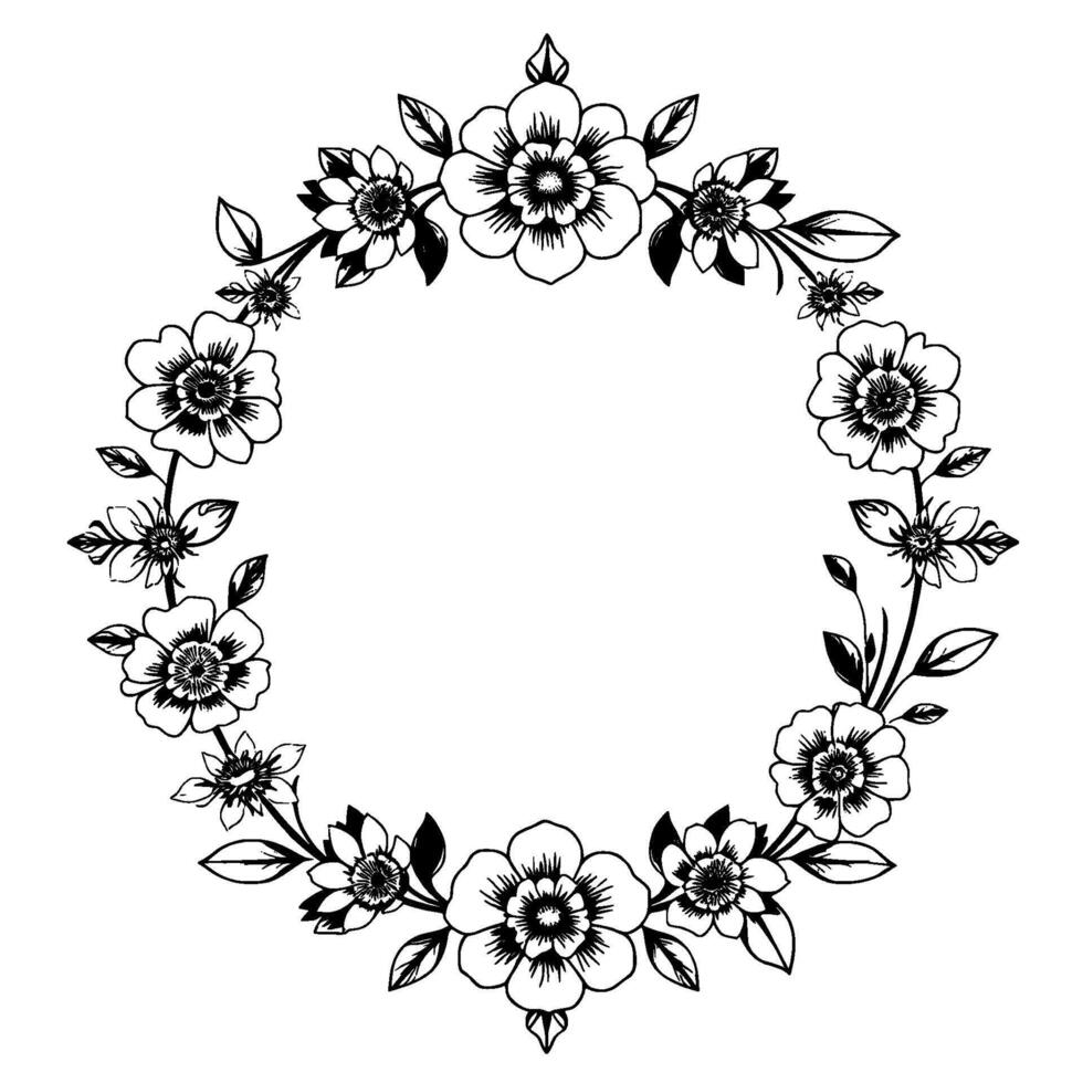 detailed black and white floral wreath with variations in petal shapes and leaf arrangement on a clean background. vector
