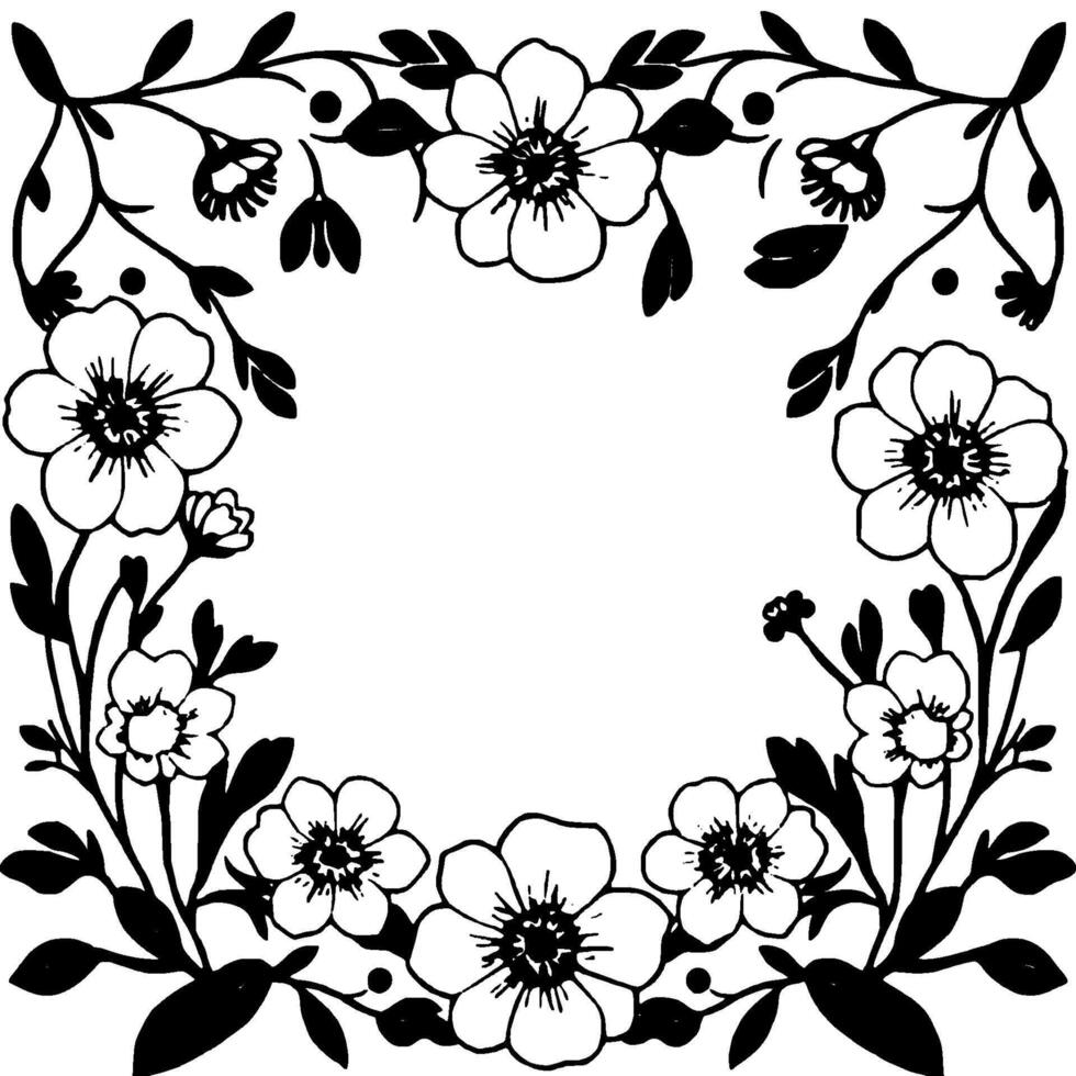 elegant black and white floral frame, featuring stylized flowers and leaves, enclosing an open space for elements. vector