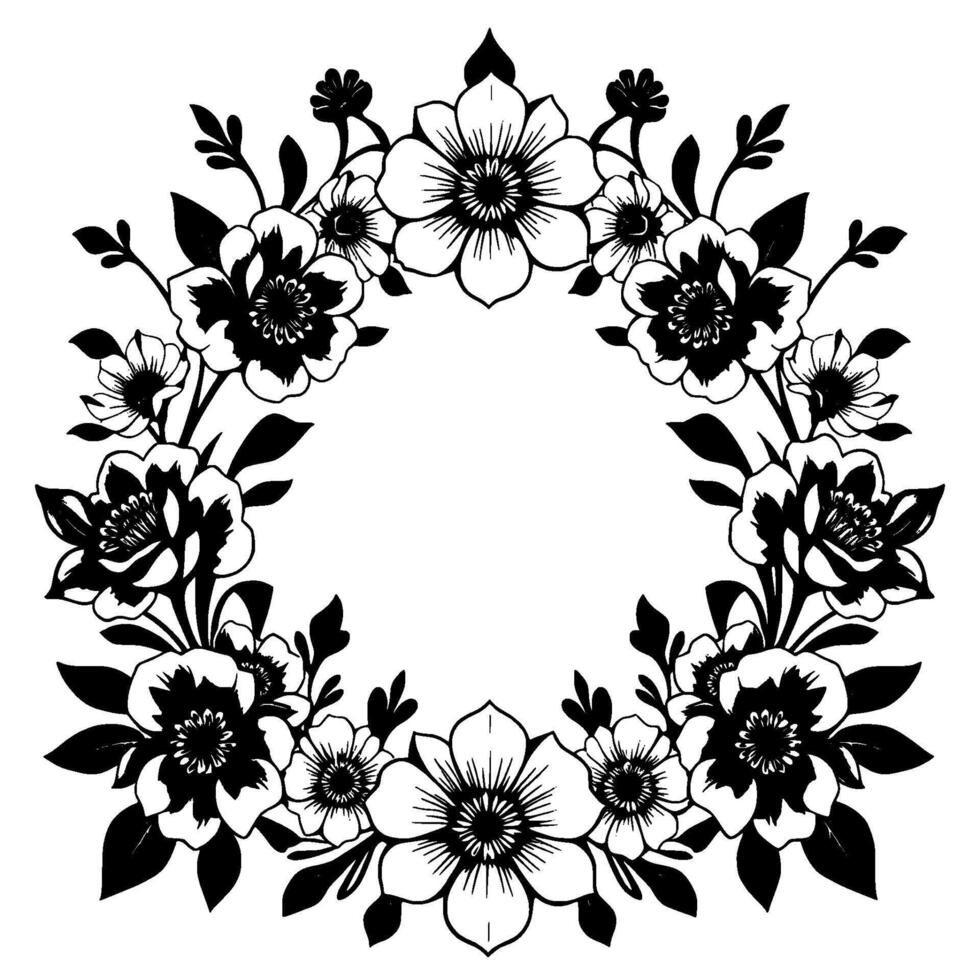 elegant black and white floral wreath with detailed petals, leaves, and buds arranged in a symmetrical, stylized on a white background. vector