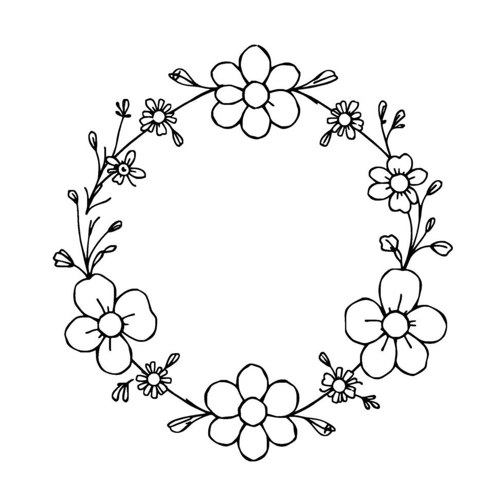 delicate handdrawn floral wreath in black ink, featuring a variety of flower types and detailed foliage on a clean white background. vector