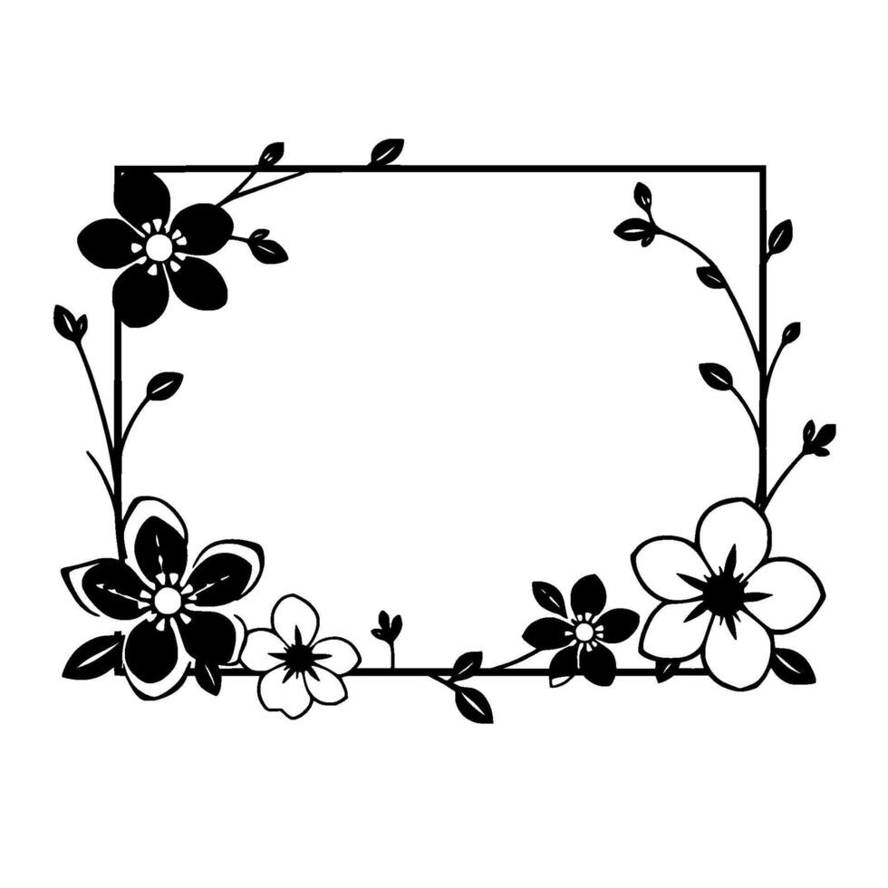 a monochrome floral frame , featuring blooming flowers and delicate stems enclosing a rectangular border, offering a clean and elegant aesthetic. vector