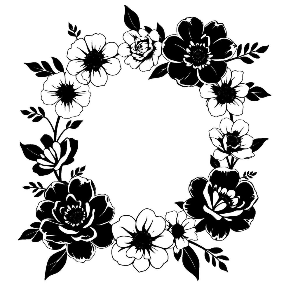 elegant black and white floral wreath, botanical art with various bloom types, leaves, and a minimalist aesthetic. vector