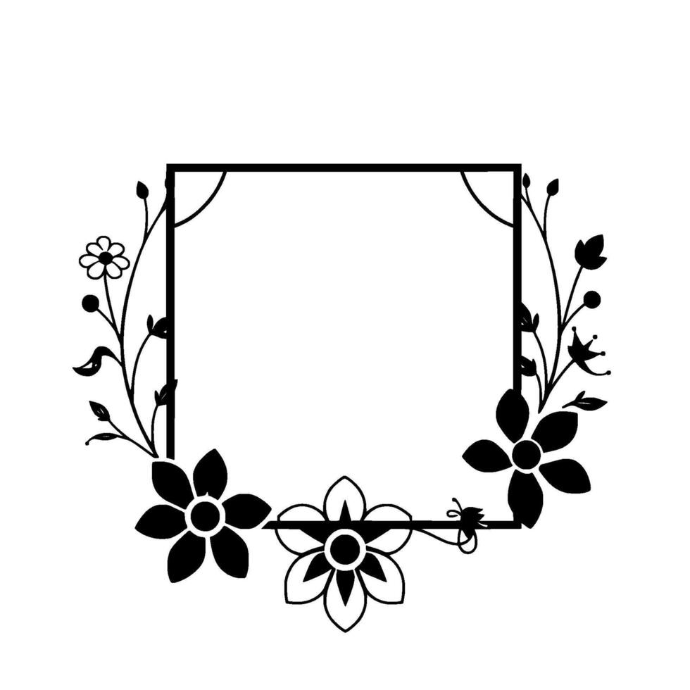 black white floral square frame elegant botanical with detailed flowers, leaves, and vines on white background. vector