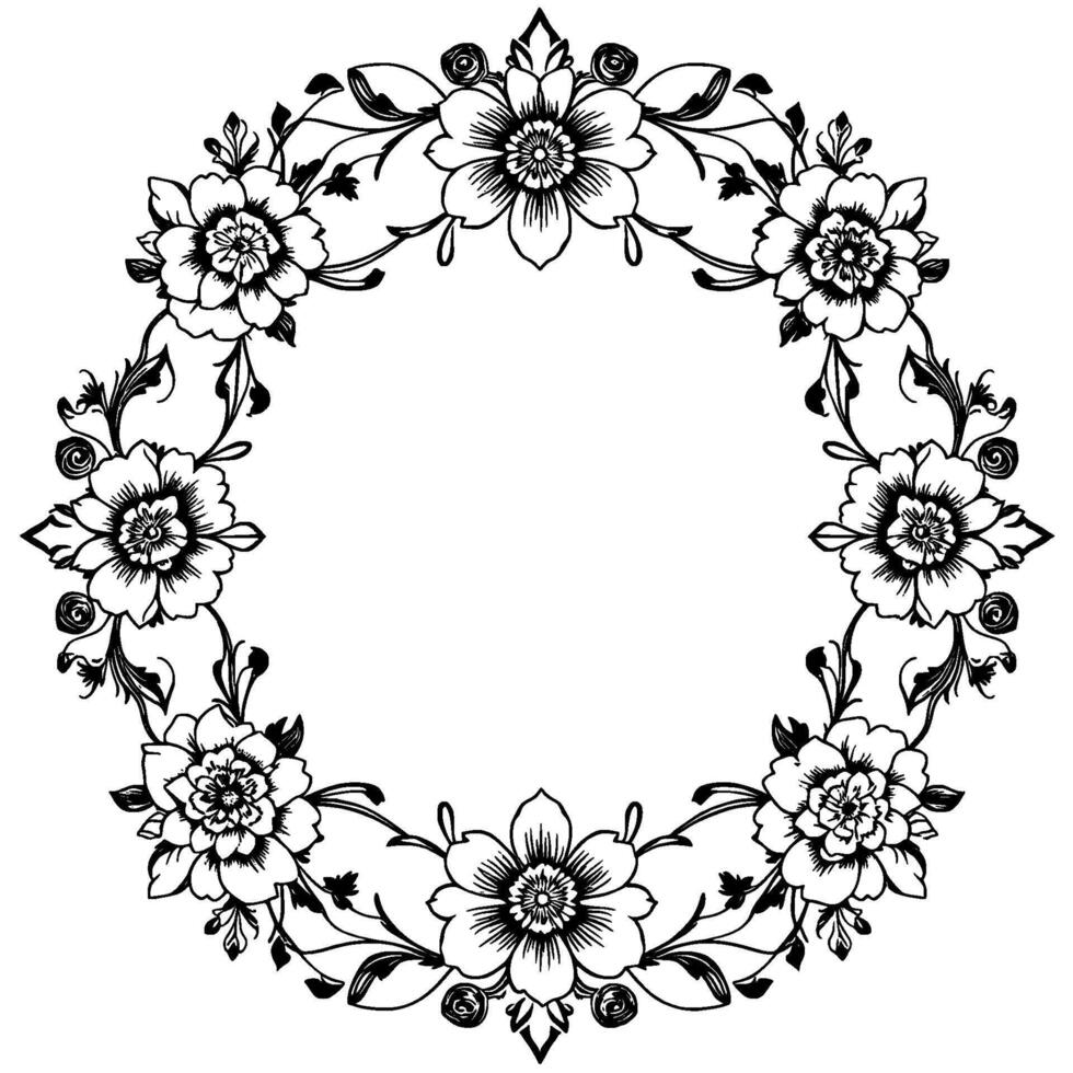 intricate black white floral wreath , detailed line art, symmetrical arrangement, decorative border frame with flourishes and open center. vector
