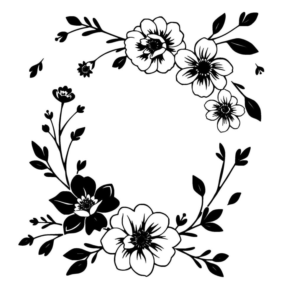 elegant black and white floral wreath, semicircular with simplified petals and leafy sprigs, suitable for invitations and decor vector
