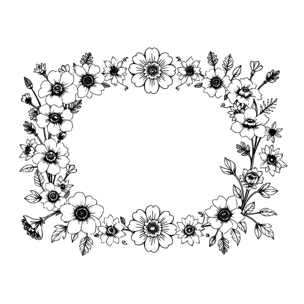 intricate black and white floral oval frame, handdrawn aesthetic, botanical line art with diverse bloom variations vector